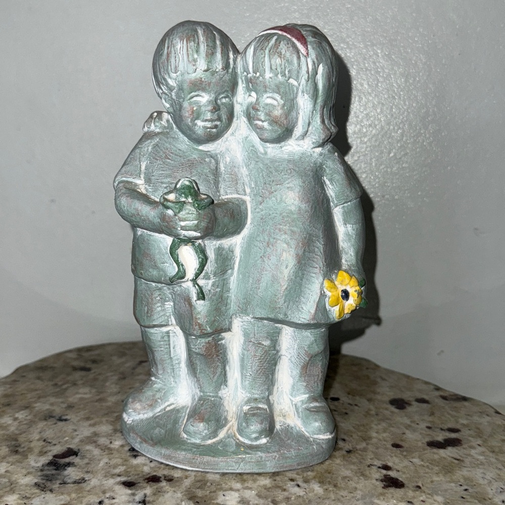 Isabel Bloom ‘Tiny Treasures’ 2005 Sculpture 8" Boy Holding Frog Girl w/ Flowers